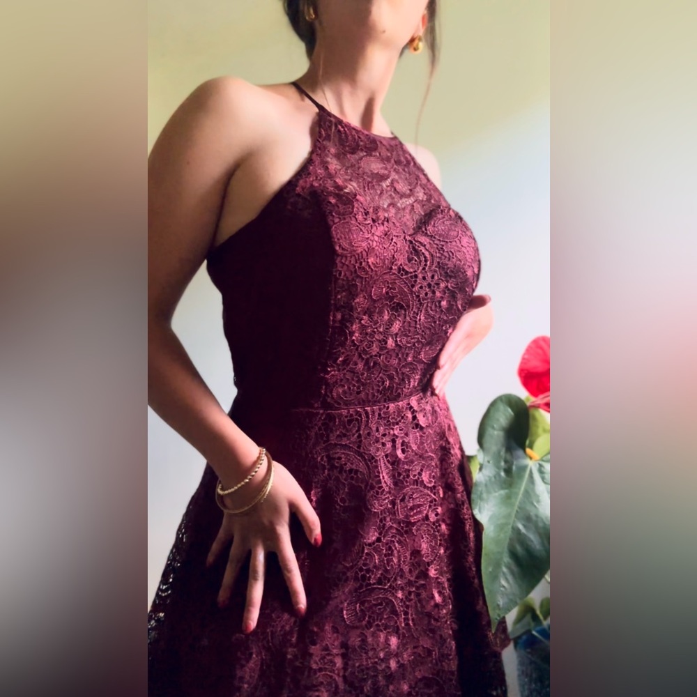 Haute Nites Maroon Lace Mini Dress